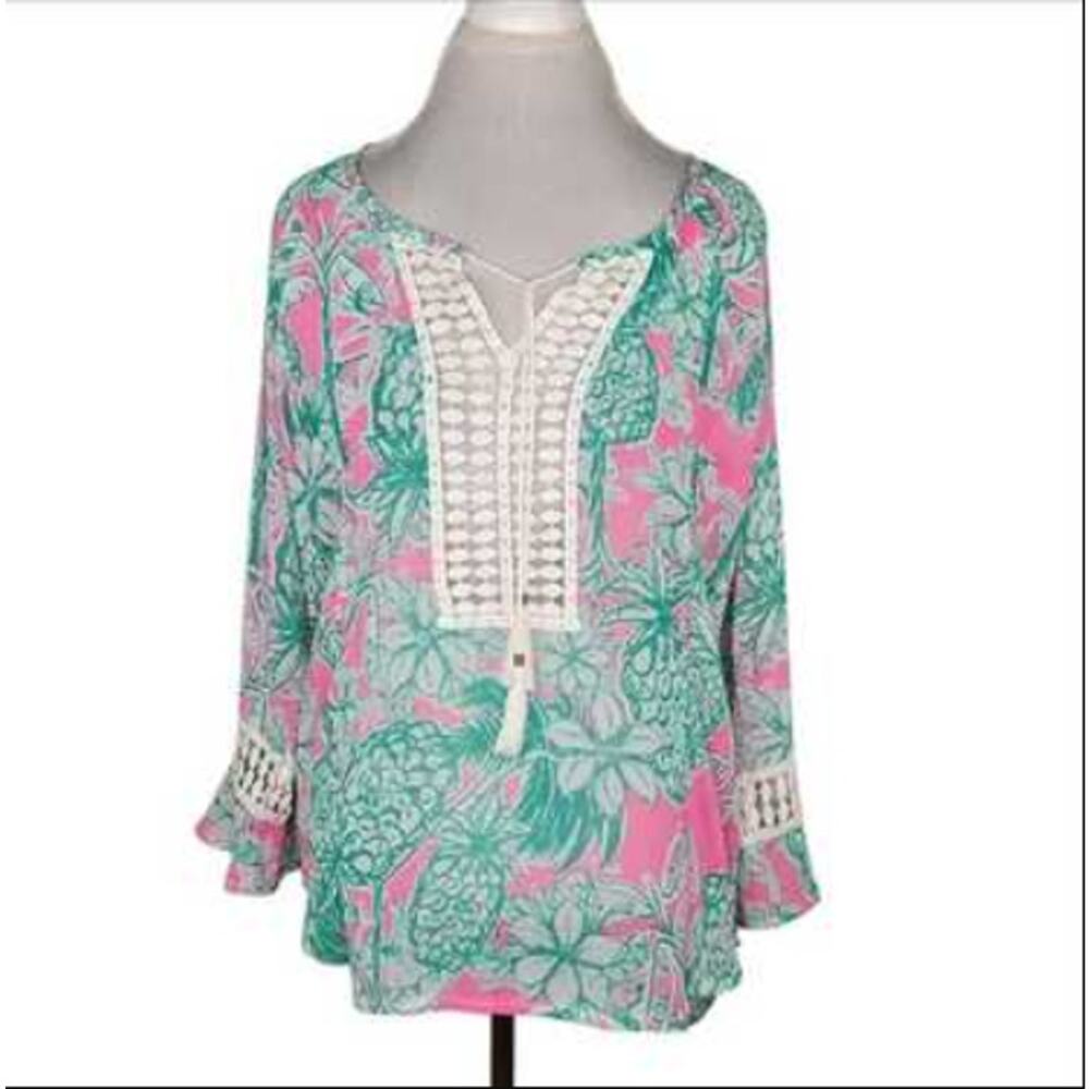Casey Key Pink & Green Pineapple Lace Bell Sleeve Hi-low Chiffon Blouse XX-Large